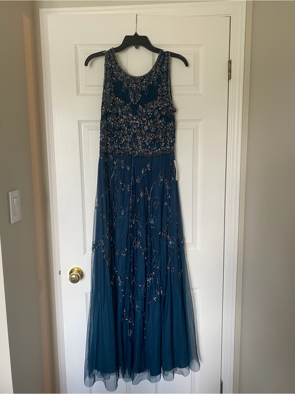 Pisarro Nights Teal Beaded Sleeveless Gown